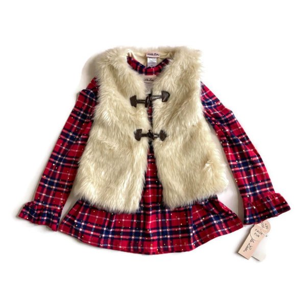 little lass girls 2 PC faux fur vest set outfit with red plaid top size 6X new